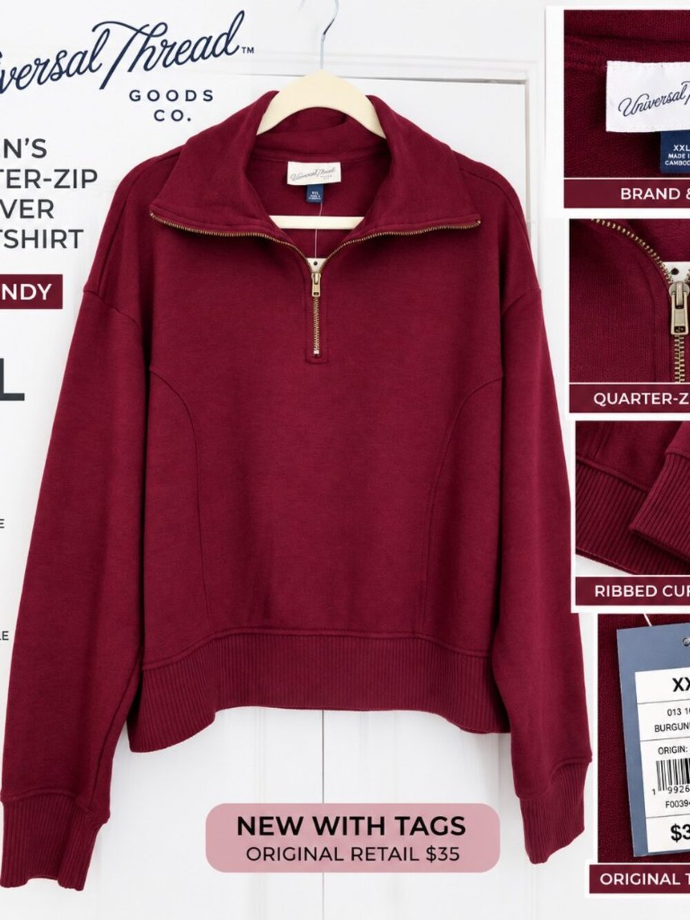 NWT Universal Thread Women’s Burgundy Quarter Zip Pullover Sweatshirt XXL